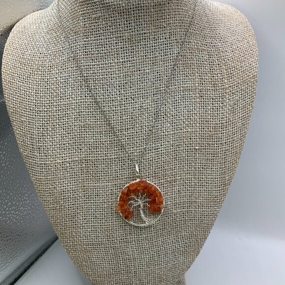 Tree of Life Natural Orange Carnelian Chips Sterling Silver Chain Necklace - Picture 2 of 6